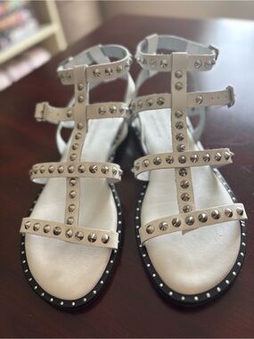 White Studded T-Strap Women's Sandals